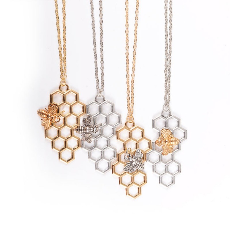 Unisex Hexagon Honeycomb Necklace with Bee