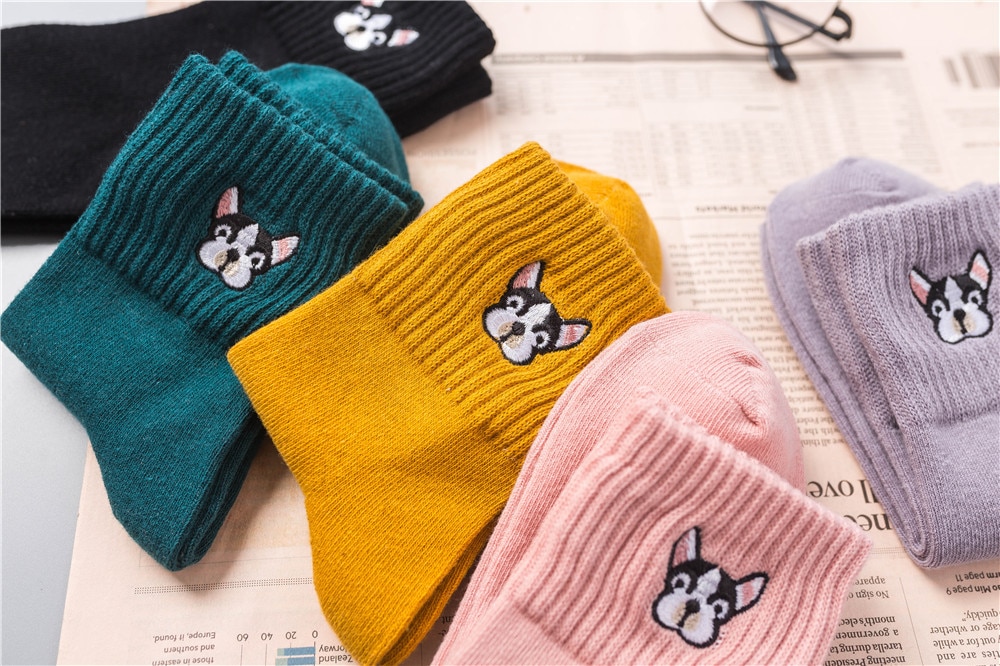 Women's French Bulldog Embroidery Socks