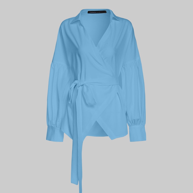 Women's Belted Loose V-Neck Blouse with Lantern Sleeves Women's Belted Loose V-Neck Blouse with Lantern Sleeves