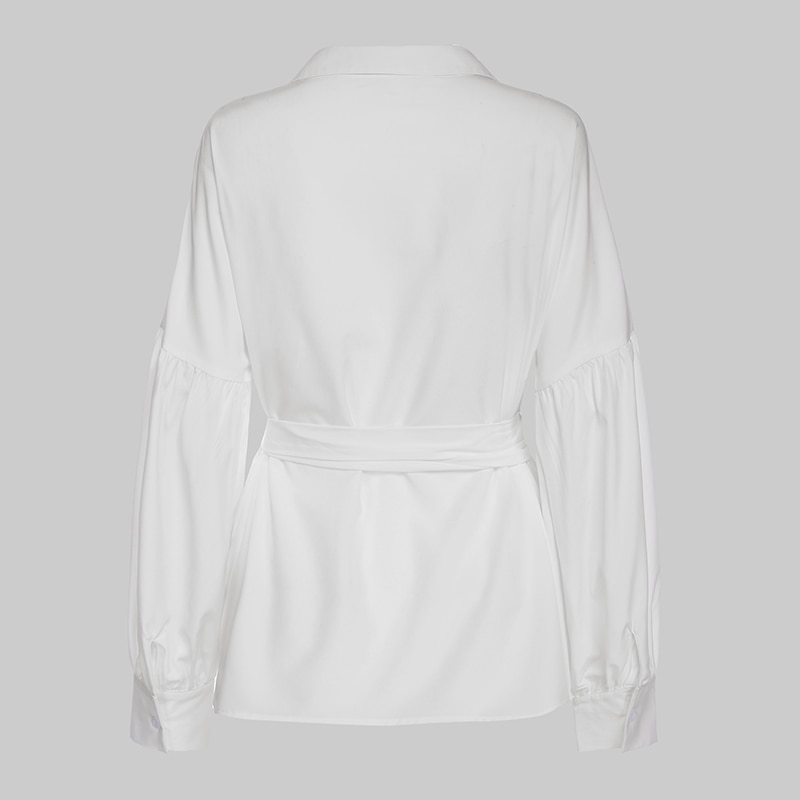 Women's Belted Loose V-Neck Blouse with Lantern Sleeves Women's Belted Loose V-Neck Blouse with Lantern Sleeves