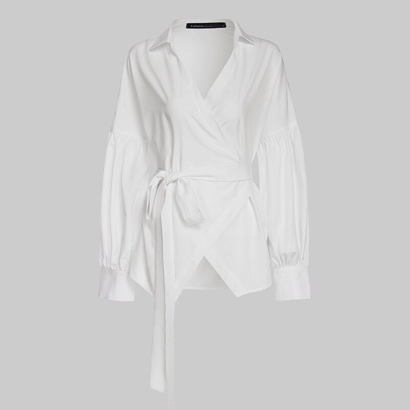 Women's Belted Loose V-Neck Blouse with Lantern Sleeves Women's Belted Loose V-Neck Blouse with Lantern Sleeves