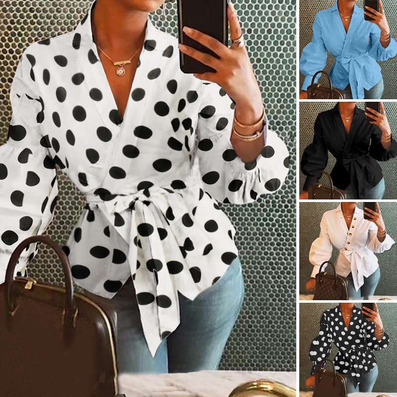 Women's Belted Loose V-Neck Blouse with Lantern Sleeves Women's Belted Loose V-Neck Blouse with Lantern Sleeves