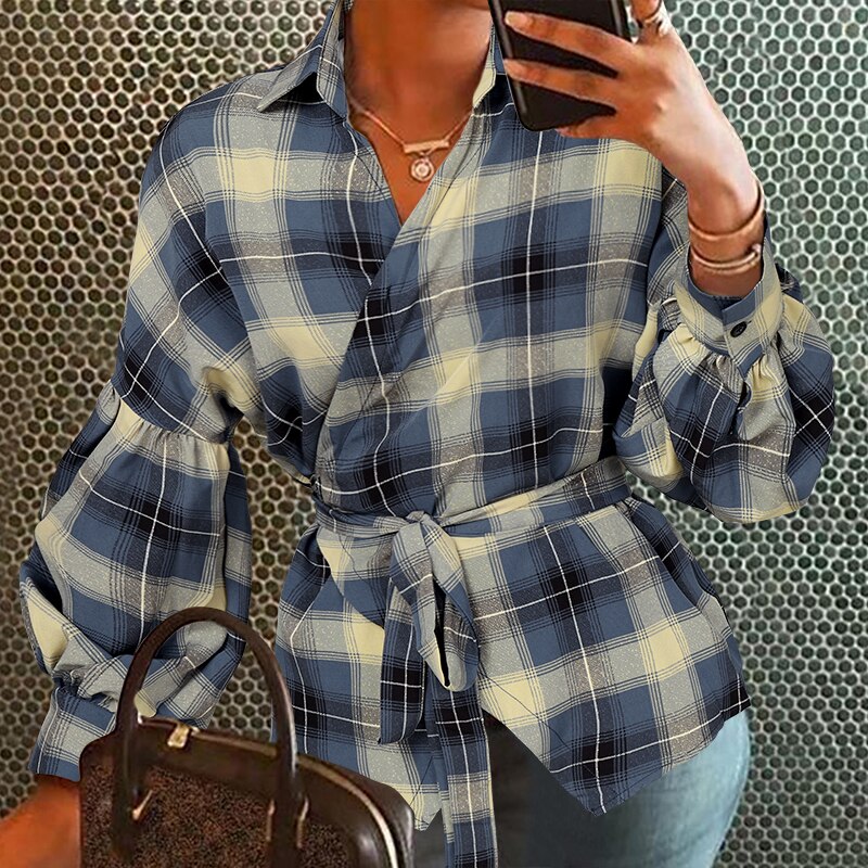 Women's Belted Loose V-Neck Blouse with Lantern Sleeves Women's Belted Loose V-Neck Blouse with Lantern Sleeves