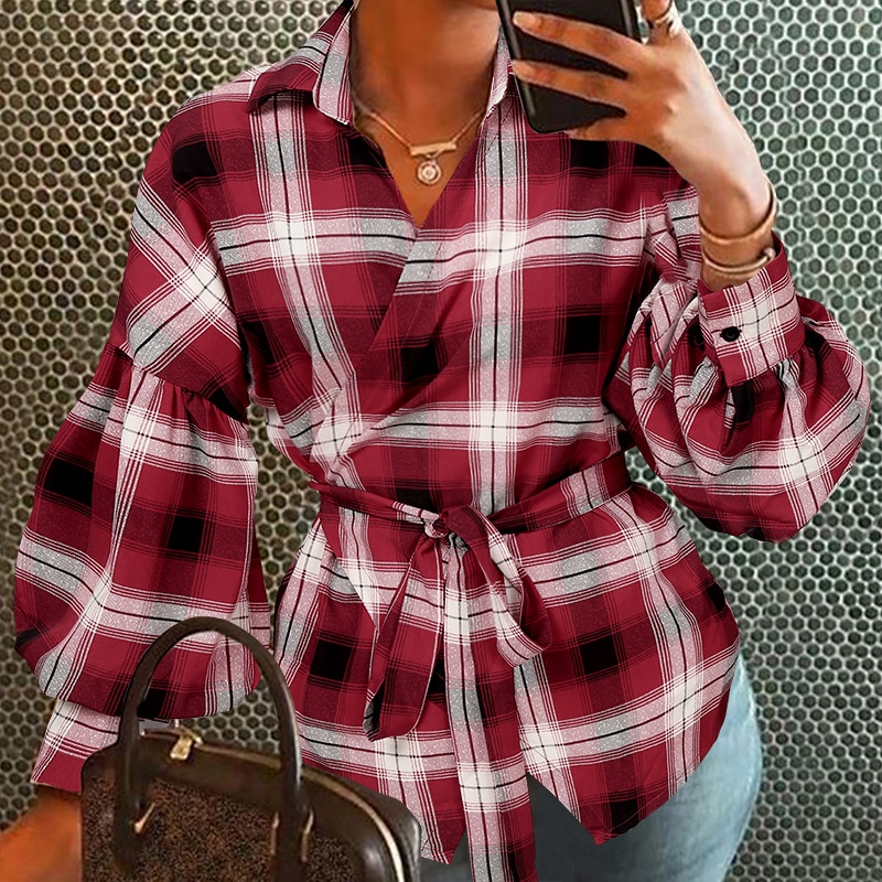 Women's Belted Loose V-Neck Blouse with Lantern Sleeves Women's Belted Loose V-Neck Blouse with Lantern Sleeves