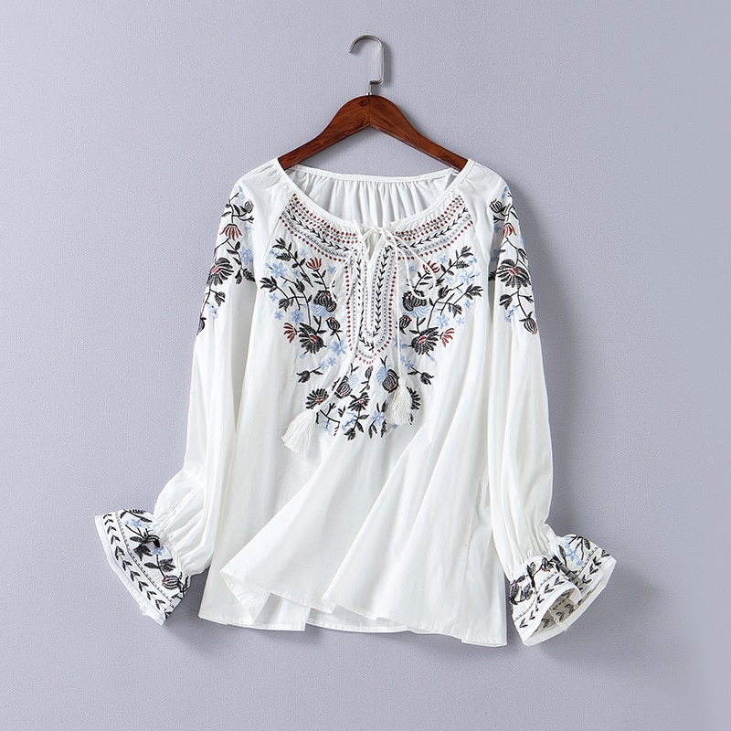 Women's Floral Embroidered O-Neck Blouse