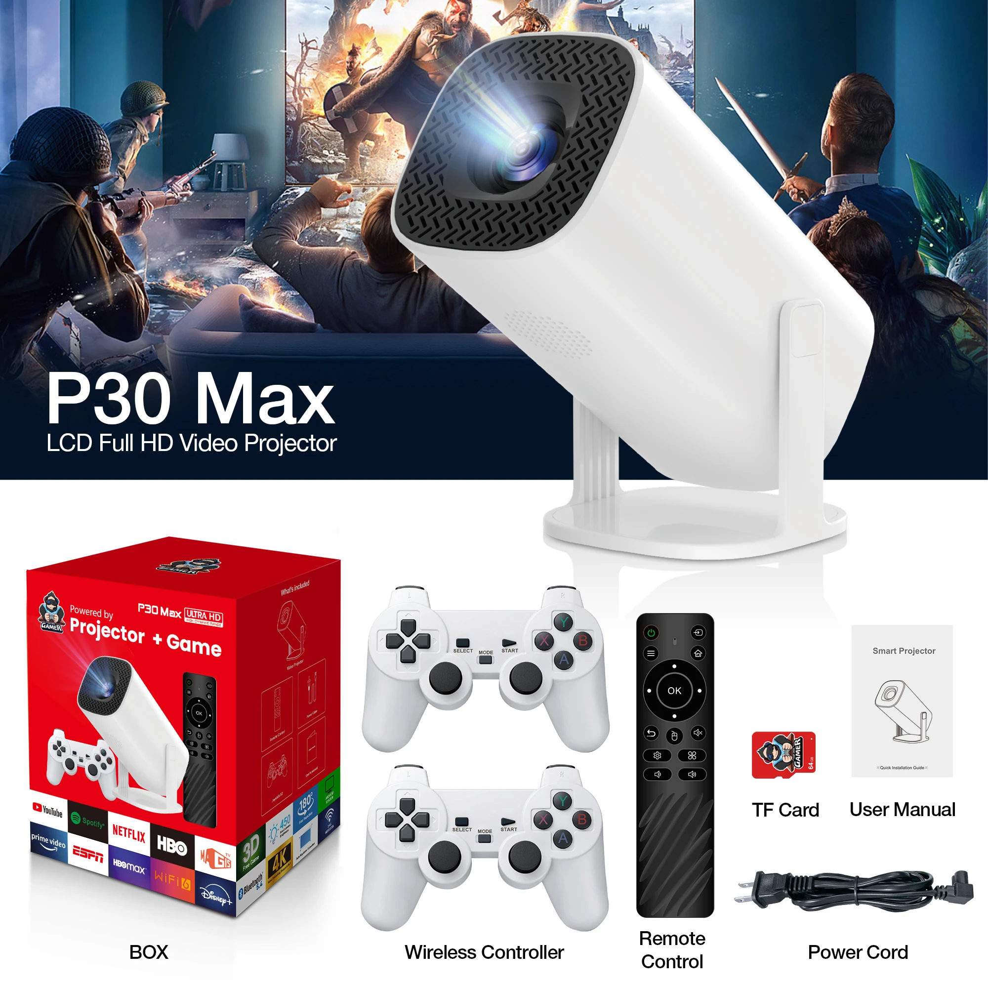 Video Game Console Android11 Portable Projector Include 2 Wireless Game Controllers